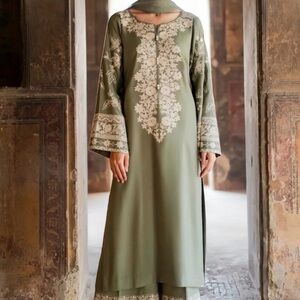 Shalwar kameez. Olive Green Embroidered Tunic Set